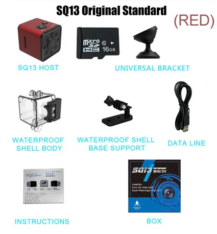 SQ13 Red 16G Card Мини-камера SQ11 SQ13 SQ12 SQ8 Full HD широкоугольная Спортивная микро-видеокамера с детектором движения видеомагнитофон с 16 Гб SD картой - Цвет: SQ13 Red 16G Card