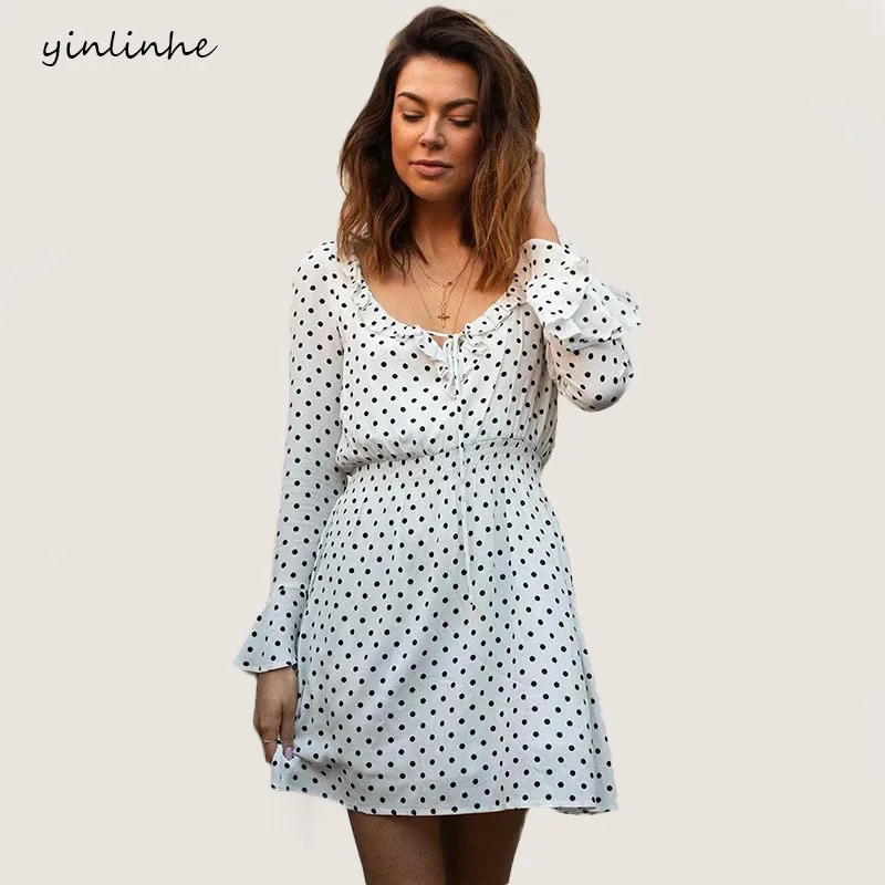 Yinlinhe/Белое платье в горошек женское с длинными расклешенными рукавами