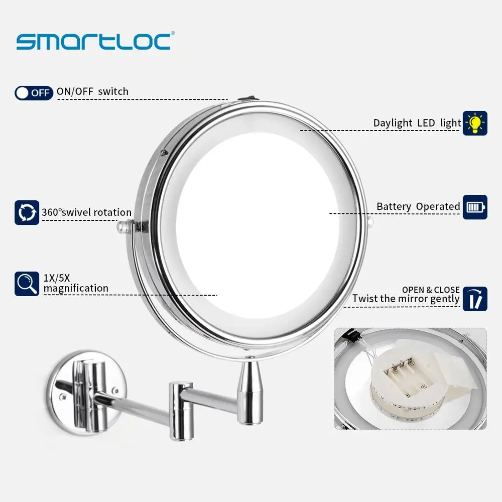 Smartloc 5x увеличительное светодиодный светильник для бритья, настенное зеркало для ванной, косметическое зеркало для макияжа, косметическое зеркало