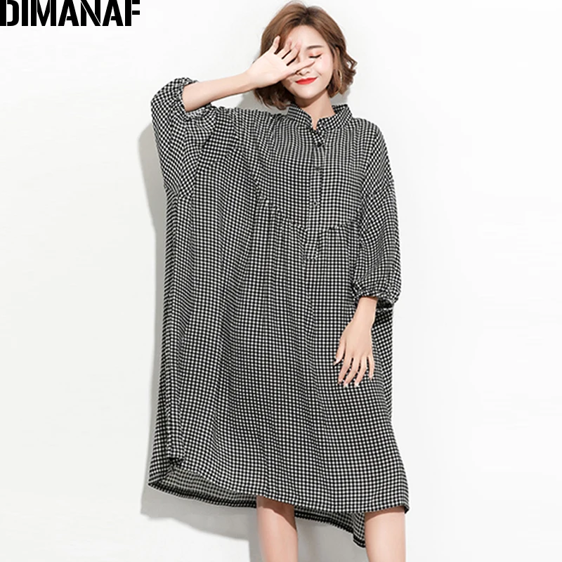 DIMANAF Women Dress Summer Oversize Femme Lady Batwing Vestido Vintage Black Plaid Large Big Clothing Loose Oversized 150KG Fit | Женская