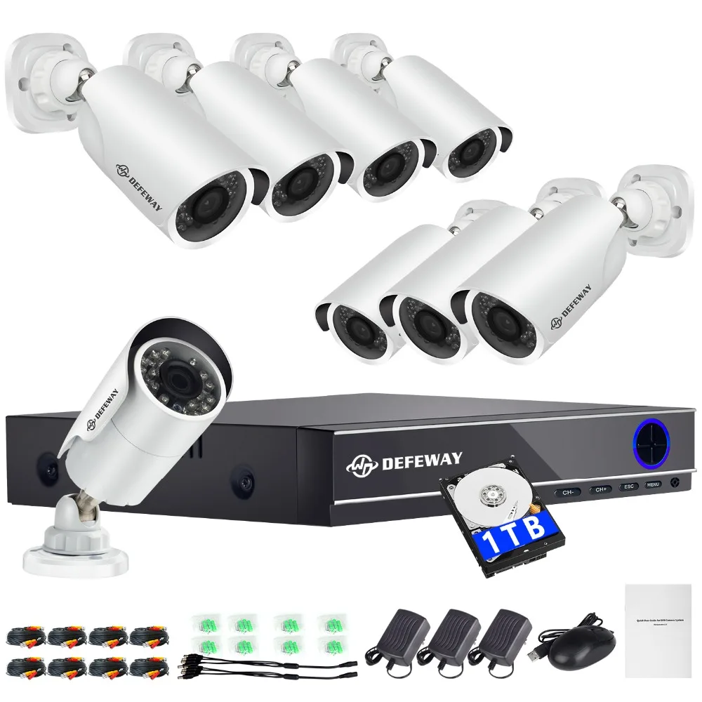 DEFEWAY 8CH CCTV камера системы 1080P 8 шт. 2000TVL ИК наружная камера ночного видения CCTV HD камера видеонаблюдения DVR комплект 1 ТБ HDD