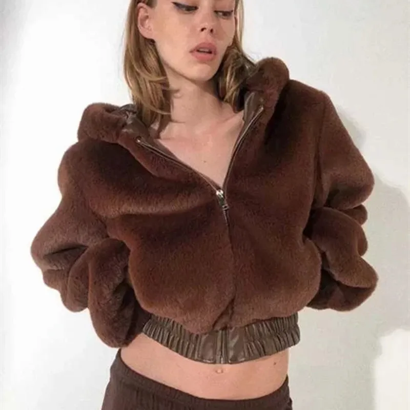 Однотонные плюшевые пальто из искусственного меха с капюшоном для женщин