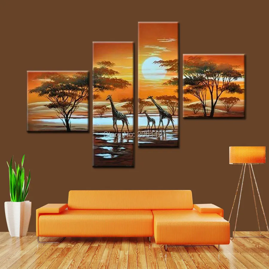 

The giraffe family! Handmade Modern abstract Landscape Oil Painting On Canvas yellow african scenery Home Decoration wall art