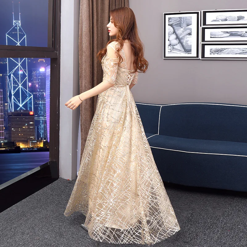 Gorgeous Champagne Evening Dresses Lace Women Elegant Prom Dress Formal Holiday Gown Short Sleeve Evening Dress ES1802