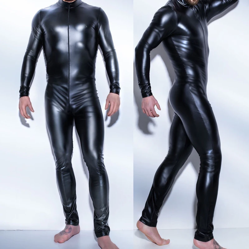 

Man Sexy Lingerie Porno Leather Jumpsuit Zipper Open Crotch Male Hot Sexy Latex Lingerie Catsuit Teddy Bodysuits Clubwear Fetish