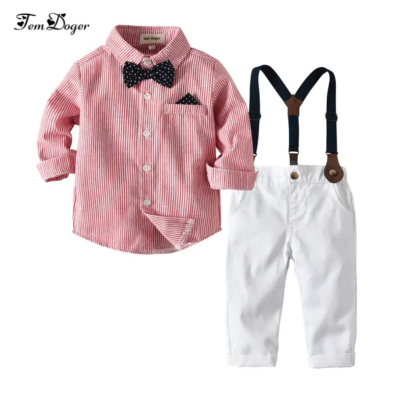 

Tem Doger Boy Clothing Sets Baby Boys Clothes Long Sleeve Striped Gentleman Suit Tie Tops+Overalls 2PCS Outfits Kids Costumes