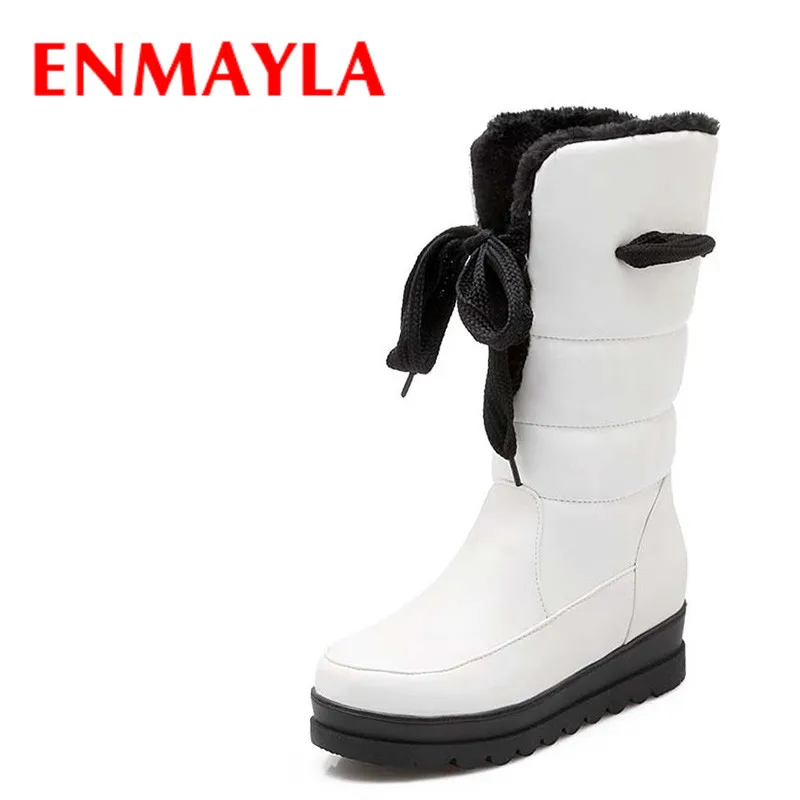 Теплые зимние ботинки ENMAYLA новинка с круглым носком до середины икры на танкетке