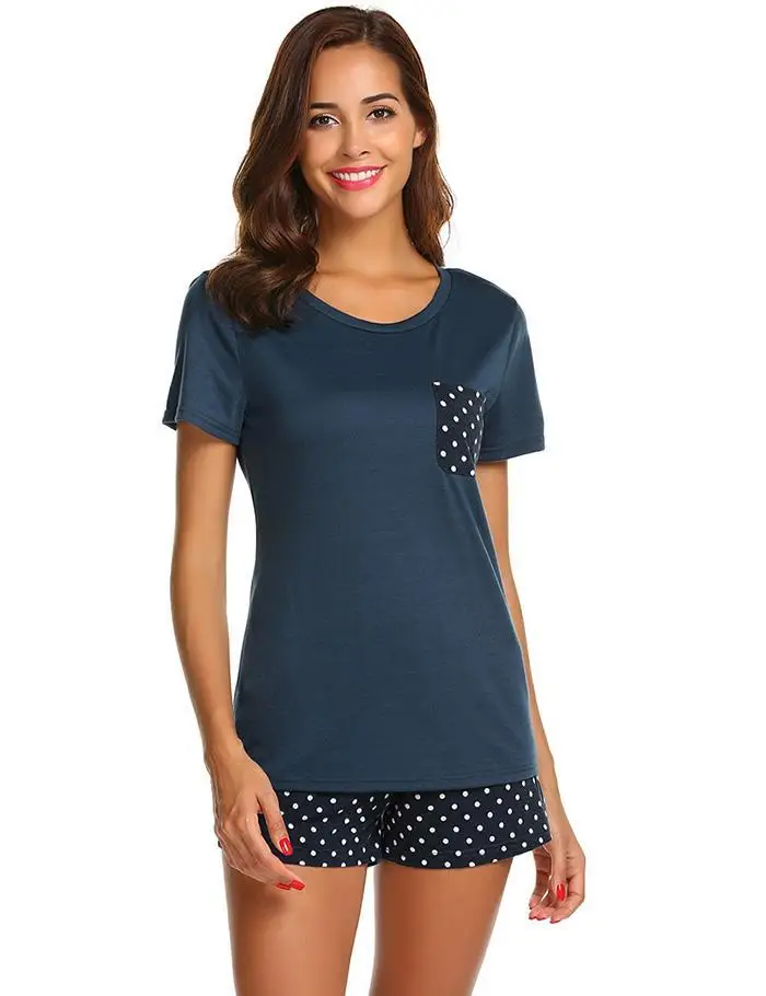 Ekouaer Women Sleepwear Pajamas Sets O-Neck Short Sleeve Tops Dot Pocket Shorts Pajamas Set Ladies Casual Home Nightwear