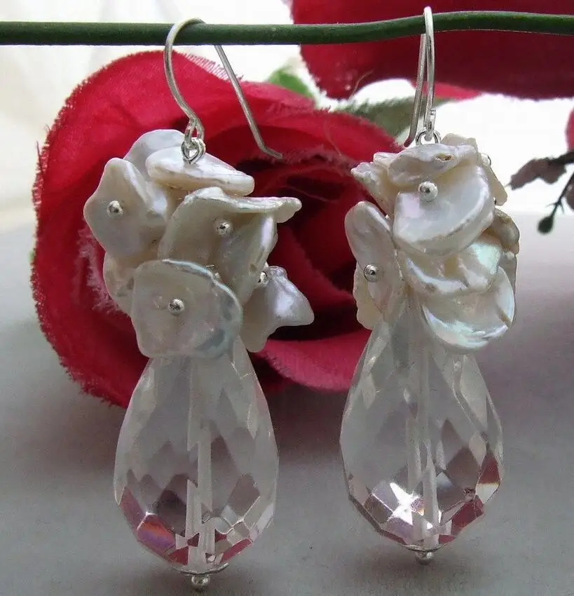 Free shipping Keshi Pearl Crystal Earrings-925 Silver Hook | Украшения и аксессуары