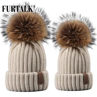 furtalk winter hat women knitted beanie hat real raccoon fur pompom hat for female kids warm chunky thick stretchy hat