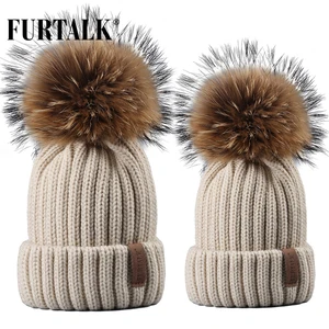 Furtalk Реального Меховая Шапка Вязаная Реальный Большой Енота Pom Pom Hat женщины Зимняя Шапка Унисекс ДетиТеплый Коренастый Толстая Эластичный вязать