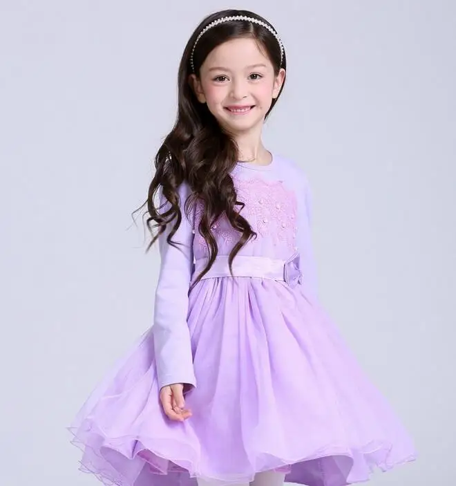 Детское платье хлопок с длинными рукавами кружева принцесса участок сплошной