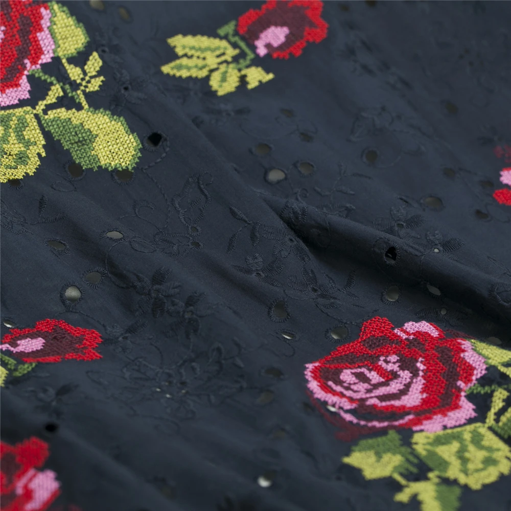 Ткань из чистого хлопка с двойной вышивкой в виде Розы белого и темно-синего