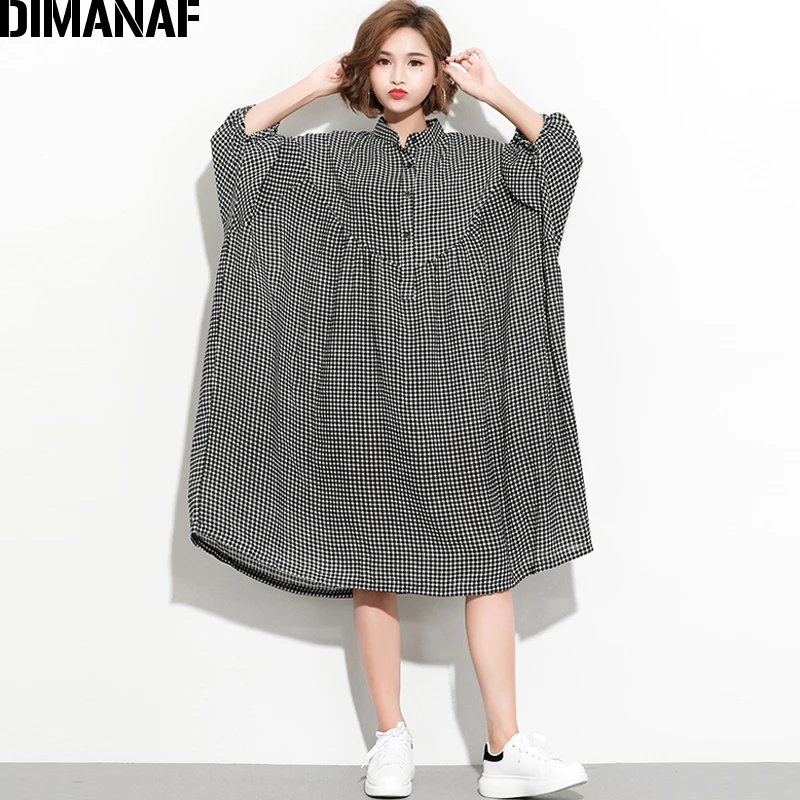 DIMANAF Women Dress Summer Oversize Femme Lady Batwing Vestido Vintage Black Plaid Large Big Clothing Loose Oversized 150KG Fit | Женская