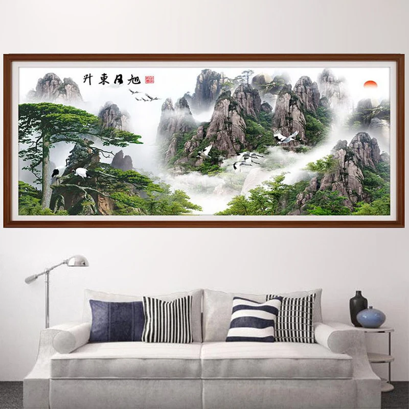 QIANZEHUI алмазная вышивка круглые алмазы восходящие солнце приветливые сосны