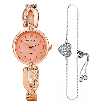 rose gold GREALY женские часы из сплава с милым браслет с кулоном сердце набор для подарка часы коробка топ горячий дизайнер дамы платье наручные часы - Цвет: rose gold