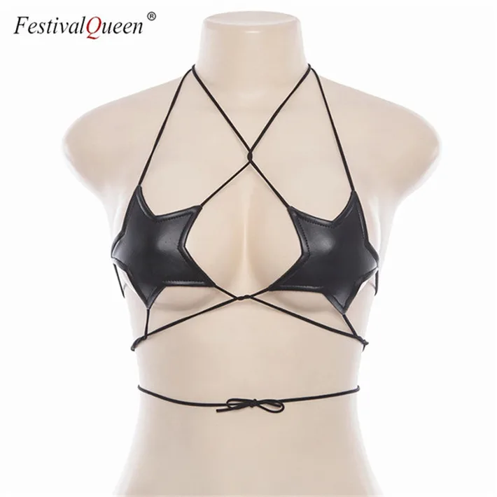 FestivalQueen sexy black crop tank top metal chain mini skirts sets women hollow out bandage backless nightclub 2 piece set - Color: black top