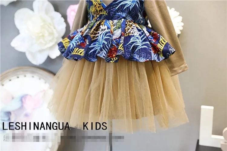 2018 children's girls clothes suit autumn new cotton solid color dress+flower pattern shoulder vest 2pcs kids sets 3-7Y | Детская