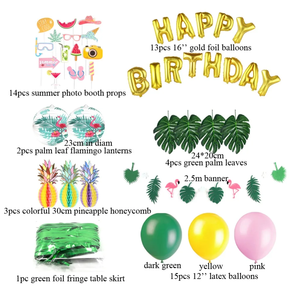Summer Happy Birthday Party Decoration Set Jungle Foil Balloon Flamingo Lantern Pineapple Table Skirt Palm Leaves Photo Decor | Дом и сад