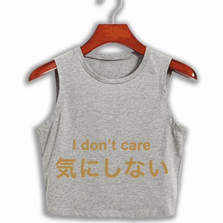 Японское письмо с принтом I DONT CARE Swag Crop Tops для женщин лозунг Печать Фитнес