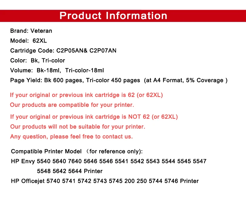 Ветеран черный 62XL картридж с чернилами для hp 62 xl Envy 5640 5540 5660 OfficeJet 200 5740 5542 7640