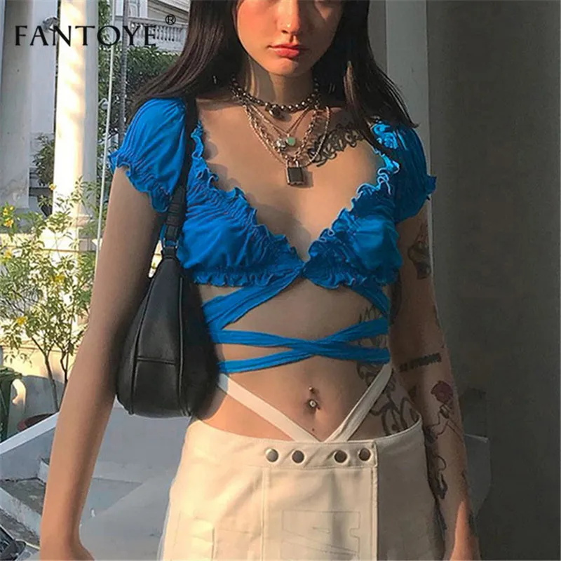 Fantoye, сексуальный женский короткий топ с v-образным вырезом, на шнуровке, с открытой спиной, топ, облегающий Топ, тройники,, летняя пляжная одежда, женские топы, Топики