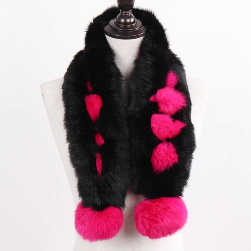 ROSE AND BLACK 2 Брендовый женский длинный шарф с помпонами из натурального кроличьего меха, зимний женский шарф из натурального кроличьего меха, пушистые шарфы из кроличьего меха - Цвет: ROSE AND BLACK 2