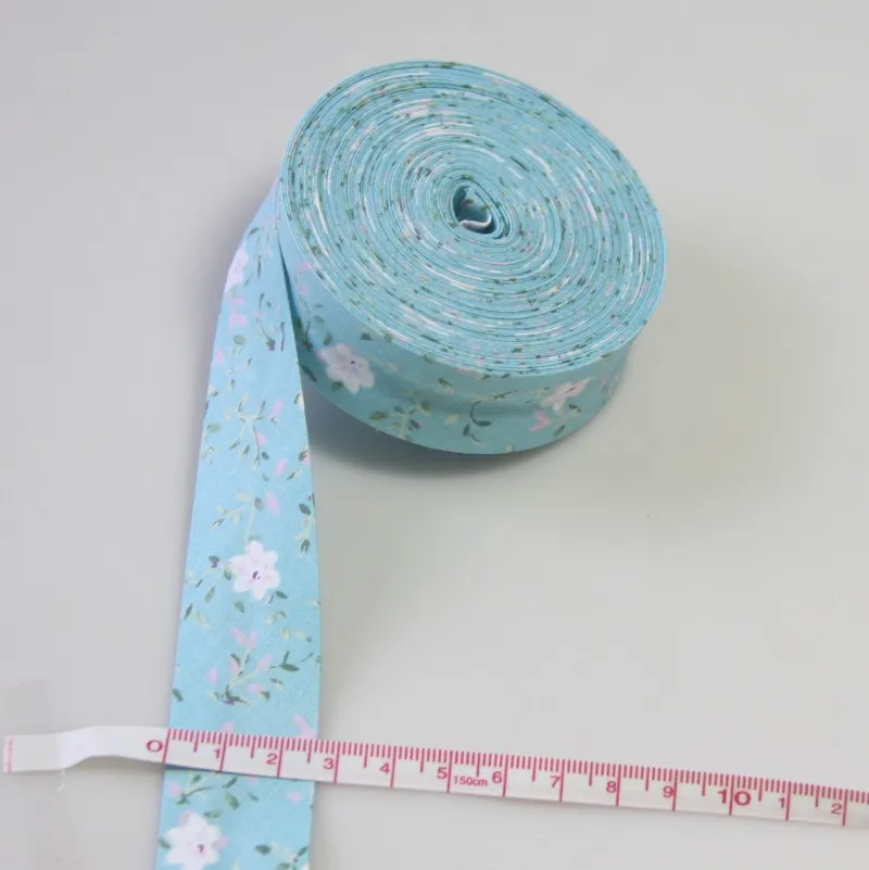 lake blue flowers Хлопковая косая лента в горошек, в полоску, шотландская клетка с принтом Размер: 25 мм, " 10 метров, хлопковая саржевая ткань со складками - Цвет: lake blue flowers