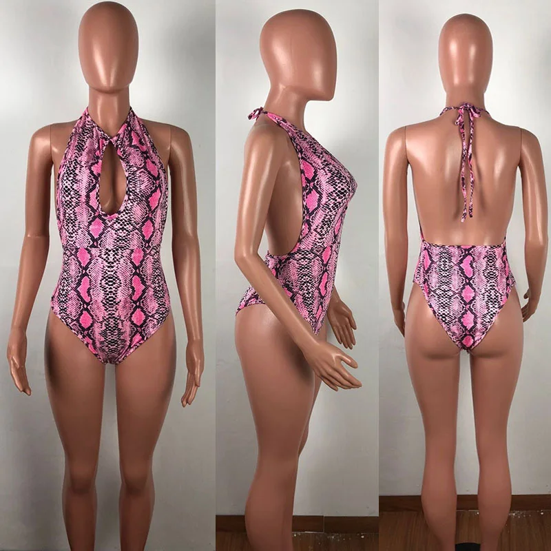 

Adogirl Sexy Snake Skin Print Bodysuit Woman Fashion Backless Open Front Sleeveless Bodycon jumpsuit Lady Body Top Clothes
