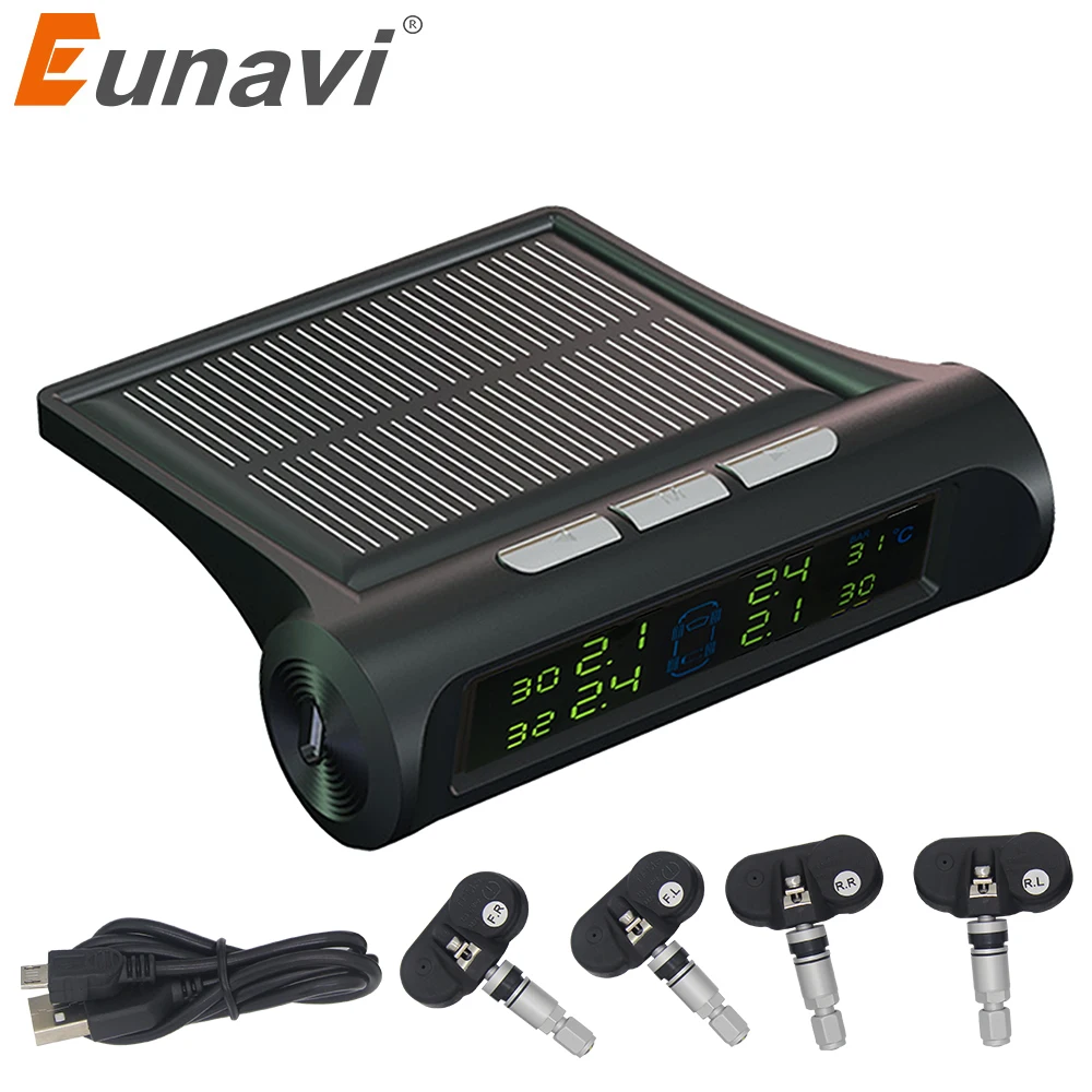 Eunavi Smart Car TPMS система контроля давления в шинах зарядка от солнечной энергии цифровой дисплей Автоматическая сигнализация безопасности с 4 в...