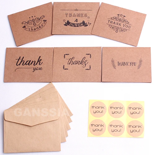 

12set/lot Thank you series Greeting cards Kraft paper post card with envelope sets Birthday party stationery supplies (ss-1464)