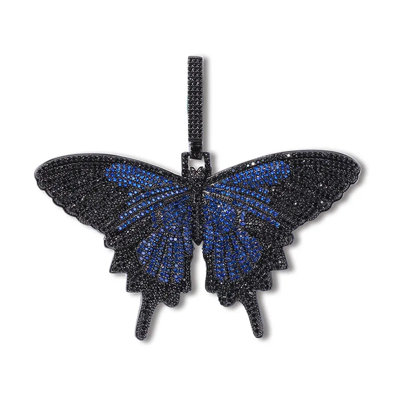 blue Хип хоп микро проложить AAA кубического циркония Bling льдом из животных Бабочка подвески ожерелья для мужчин рэппер ювелирные изделия золото серебро черный - Окраска металла: blue