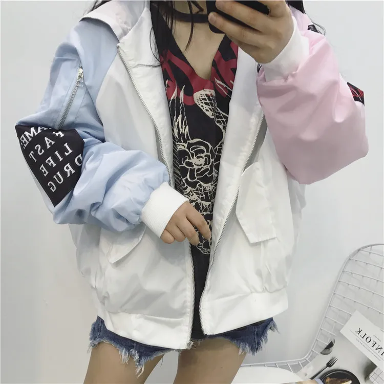 Куртки женские Harajuku в Корейском стиле свободные трендовые Лоскутные женские s одежда Высокое качество универсальные повседневные молнии шикарные Весенние Новые