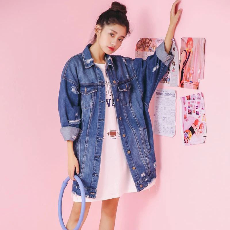 Новинка весны осенние джинсы Куртки 2017 Синий Винтаж джинсовая куртка Длинные