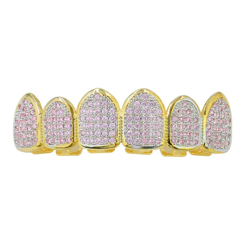 Hip Hop Teeth Grillz Iced Out AAA Zircon Top &amp Bottom Tooth Set For Men Women Pink Color Fashion | Украшения и аксессуары
