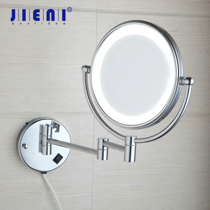 JIENI Chrome Black Makeup Mirrors LED Wall Mount Extending Folding Double Side Light Mirror 3x Magnification Bath Toilet Mirror