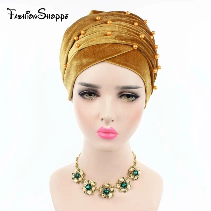 Новинка 2017 женский роскошный бархатный тюрбан с бисером и перламутровым узором