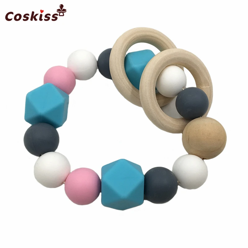 Pulsera mordedor para beb&eacute;, anillo de madera con cuentas de silicona, mordedor seguro para la Naturaleza, brazalete org&aacute;nico para beb&eacute;-0