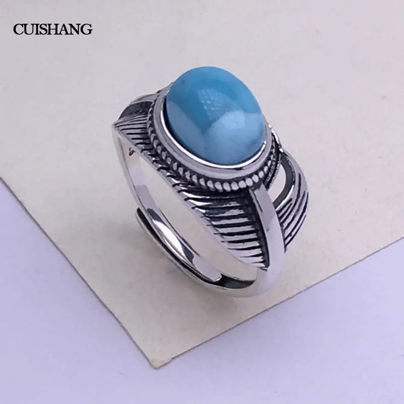 

CSJ Natural blue larimar rings sterling silver feather women femme lady Wedding Engagement party Gift feather Fine Jewelry