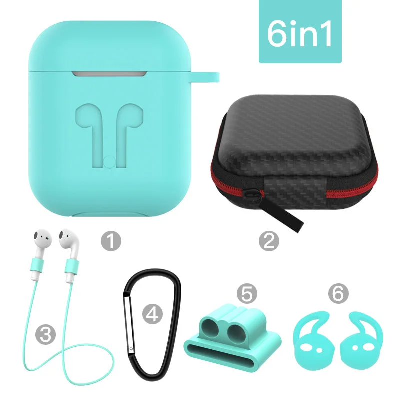 Mint-No headphones Airpods чехол для наушников силиконовый защитный чехол Аксессуары для кожи для Apple беспроводные Bluetooth наушники 6-шт набор - Цвет: Mint-No headphones