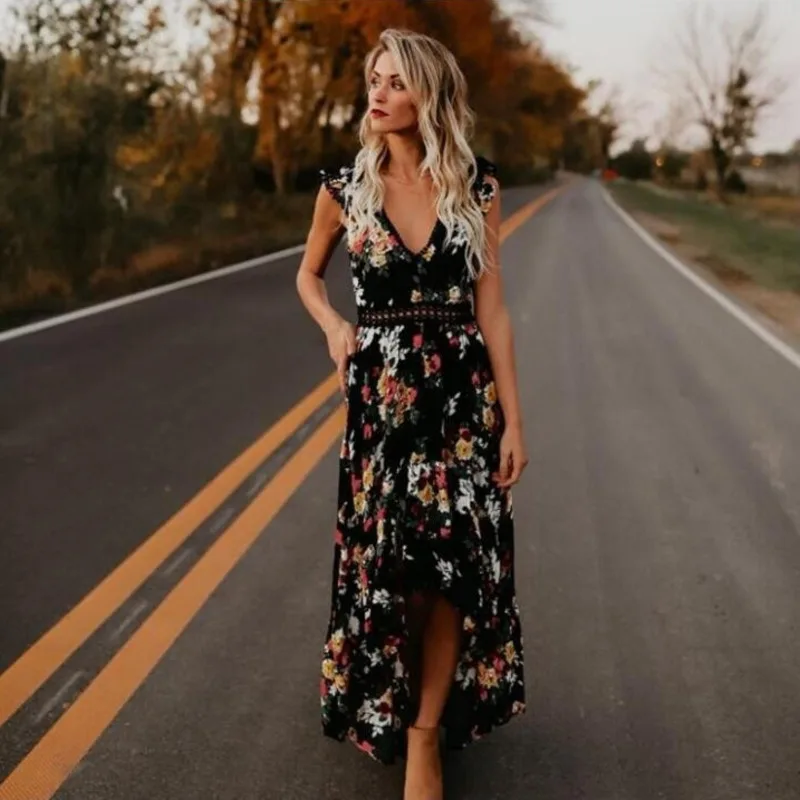 Ciysty Цветочный принт кружево Boho Макси платье пикантные глубоким v-образным