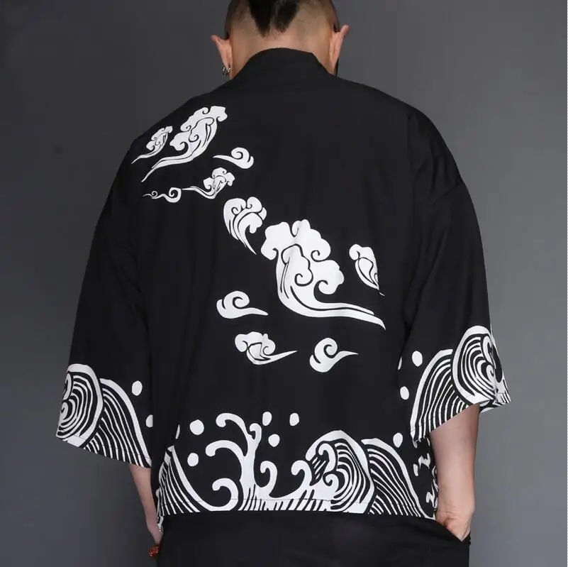 Yukata haori, мужское японское кимоно, кардиган, мужской костюм самурая, одежда, кимоно, куртка, мужское кимоно, рубашка yukata haori TZ2007 - Цвет: Черный
