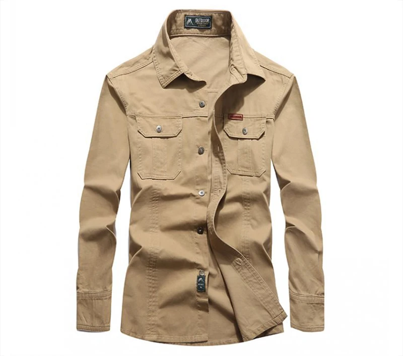 TACVASEN Men Cargo Shirts Summer Long Sleeve Cotton Work Shirts Military Army Tactical Shirts Solid Loose Man Clothing Plus Size