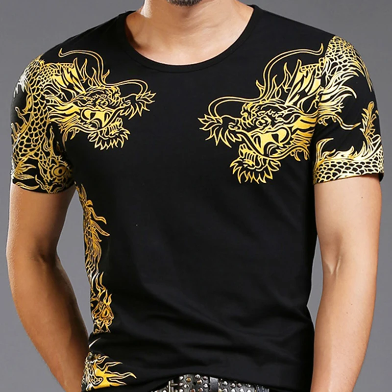 

Men Cotton Dragon Printing Slim Fit T-Shirt Gold Short Sleeves Tee Tops Chic