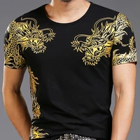 men cotton dragon printing slim fit t shirt gold short sleeves tee tops chic