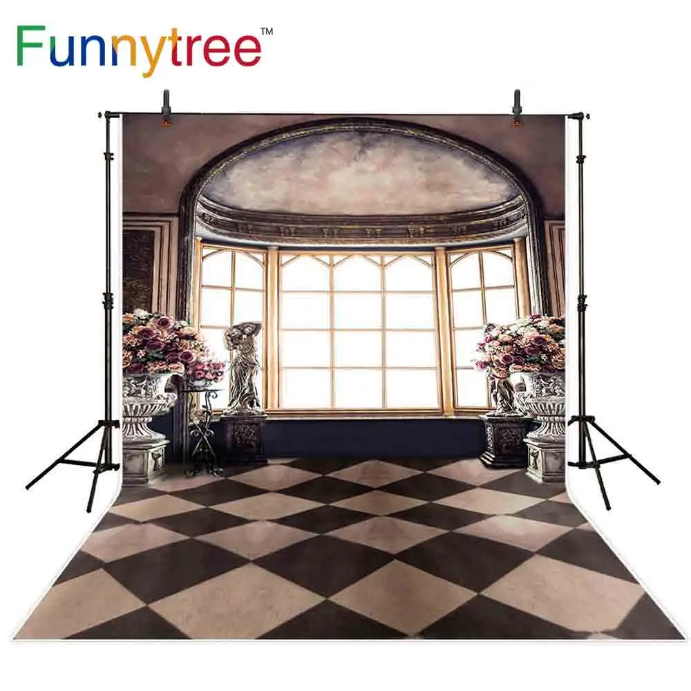 

Фон Funnytree для фотостудии винтажный балкон окно замок цветы украшение Клетчатый Пол фон для фотосъемки