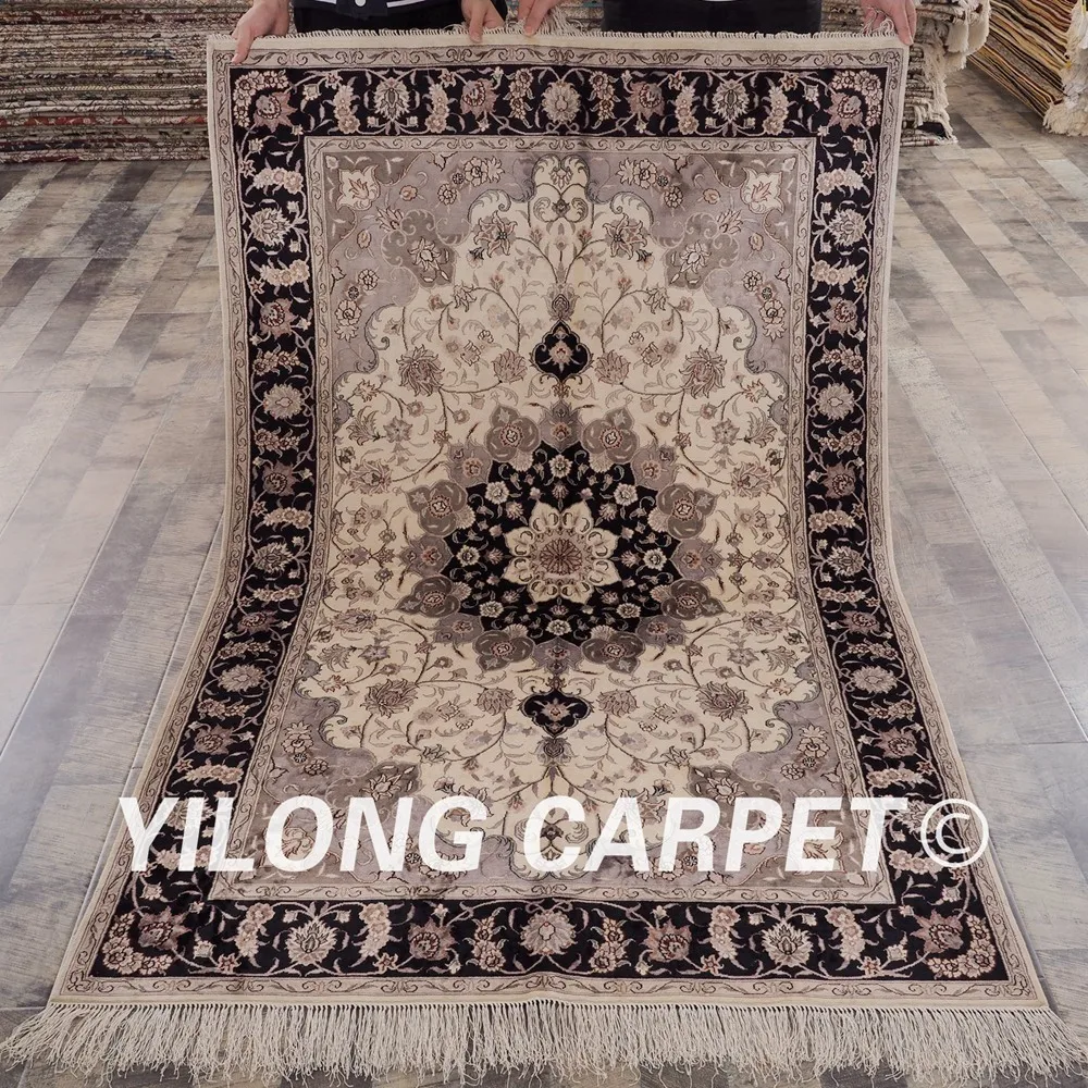 YILONG 4 'x 6' Тебриз шелковый ковер черный и бежевый ручной работы изысканный