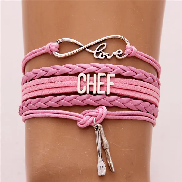 pink 10 шт./лот) Бесконечная любовь браслет chef нож и вилка Шарм плетеный кожаный браслет и браслеты обертывание ювелирные изделия из веревки для женщин и мужчин - Окраска металла: pink