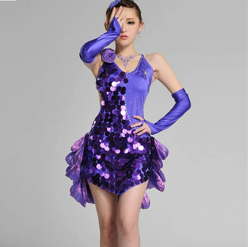 Женское платье для латиноамериканских танцев синее/красное смокинг с блестками