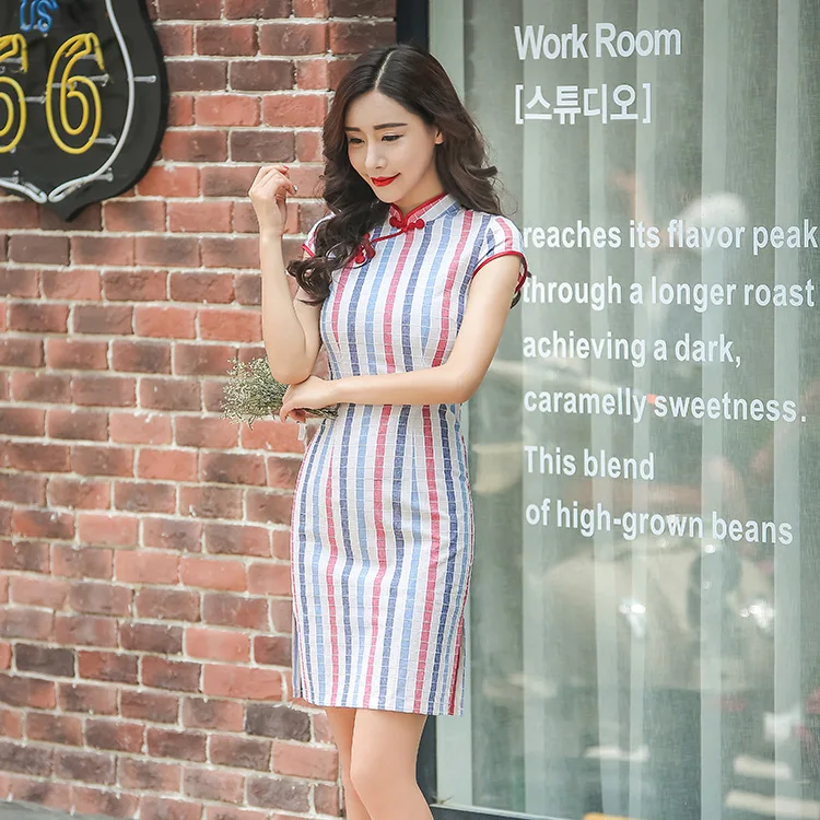 Популярное традиционное китайское платье в разноцветную полоску Cheongsam хлопковое вечернее платье с коротким рукавом Qipao платье Китайский магазин одежды